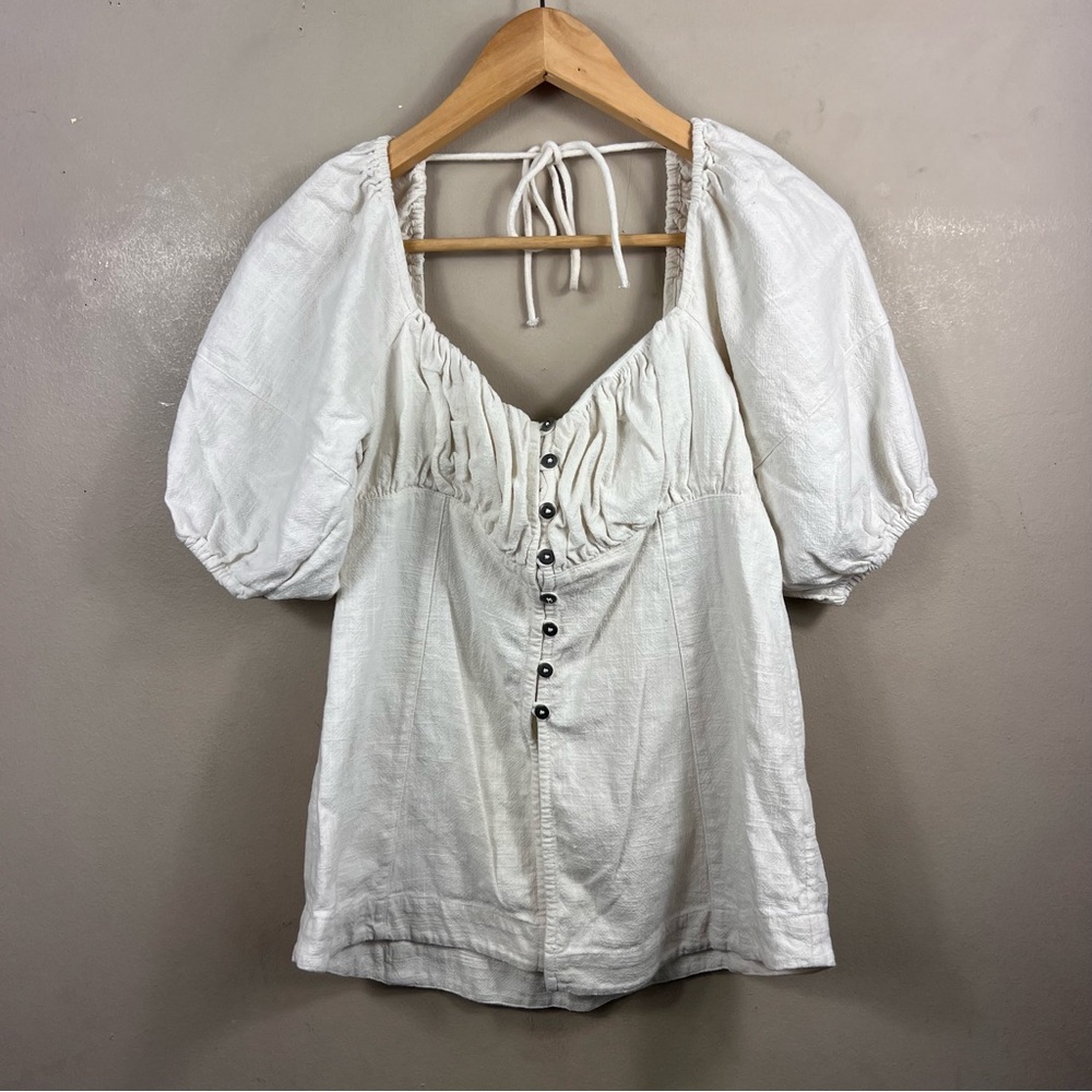 Free People White Puff-Sleeve Button Front Peasant Top